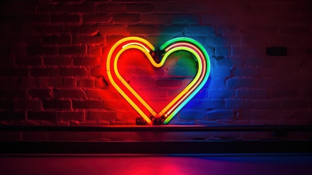 A neon heart sign hangs on a brick wall.