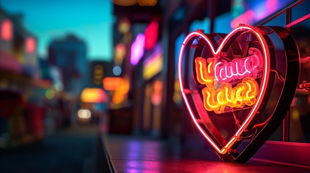 A neon heart sign that says'love is on a table '