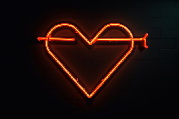 Foto segno di cuore al neon con freccia su sfondo scuro ai generativa