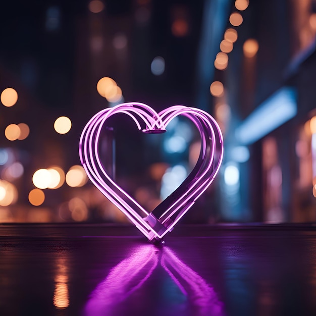 Neon heart on the table with bokeh background Love concept