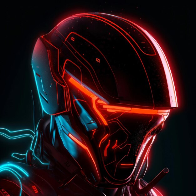 A neon helmet with red lights of a futuristic gamer Futuristic character with neon armor