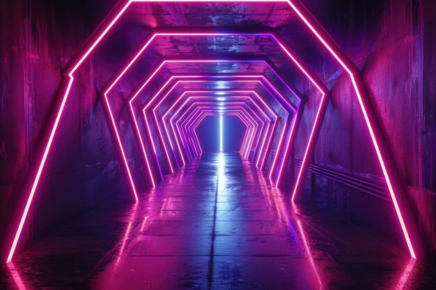 미래의 기술 개념을 가진 네온 육각형 터널