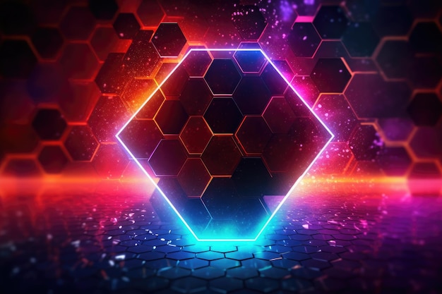 A neon hexagon with a blue background