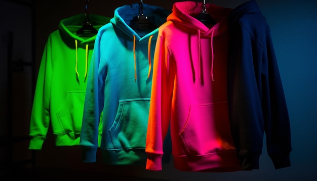 Neon hoodies hang in a dark room