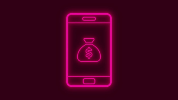 화면에 돈 가방 상징이 있는 휴대 전화의 네온 아이콘, 마젠타 빛이 있는 어두운 배경
