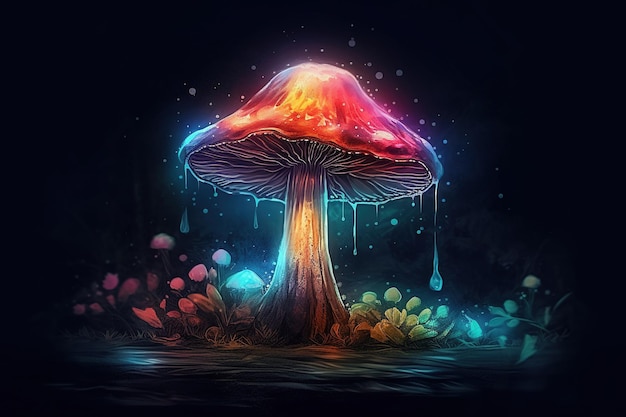 Neon illustration of big magic mushroom with water dripping down glowing at night in mystical forest