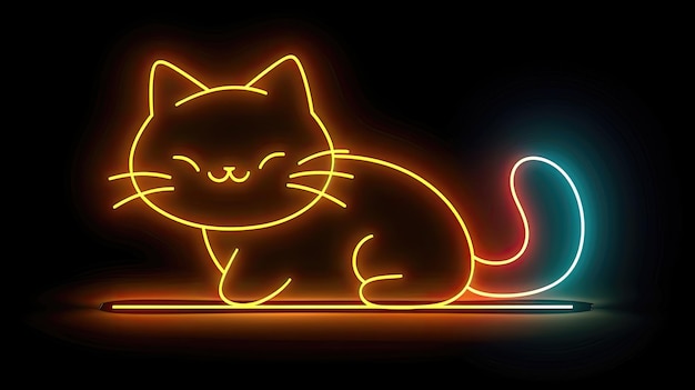 Photo neon illustration of a content cat outlined in warm tones against a dark backdrop