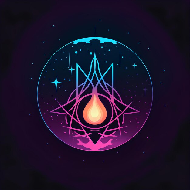 a neon illustration of a fire in a circle with a mountain in the background ai generated