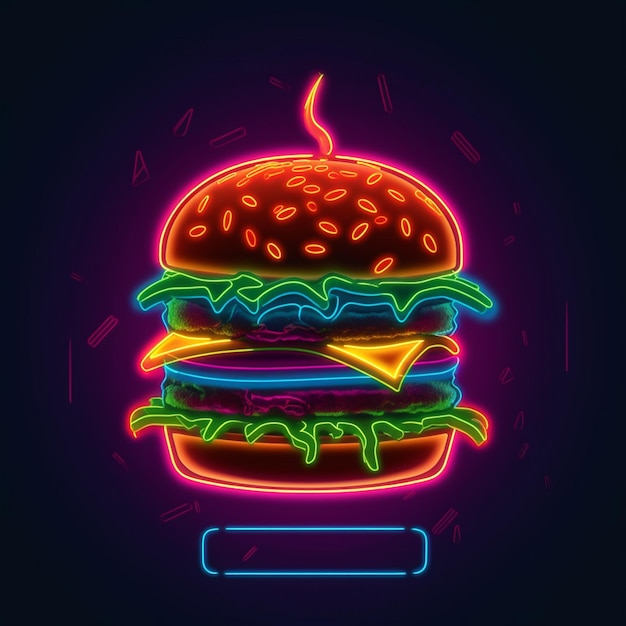 Photo neon illustration of a hamburger with a large patty on it generative ai