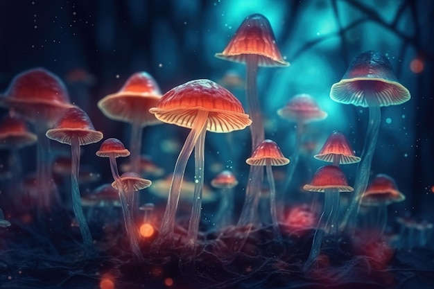 Neon illustration of magic mushrooms closeup