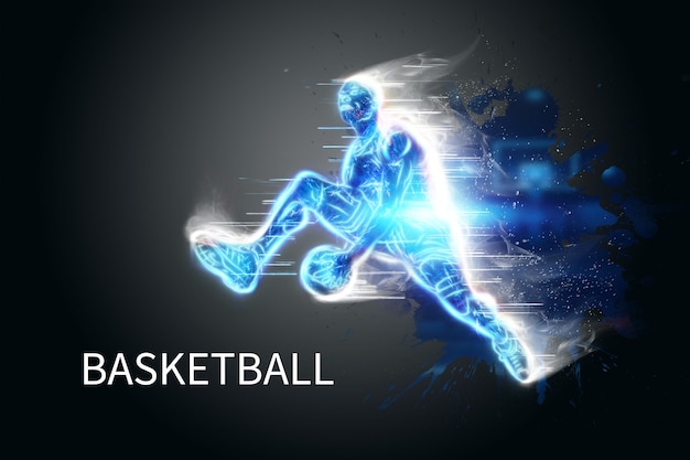 Immagine al neon di un giocatore di basket professionista che salta con una palla. collage creativo, volantino sportivo. concetto di basket, sport, gioco, stile di vita sano. copia spazio, illustrazione 3d, rendering 3d.