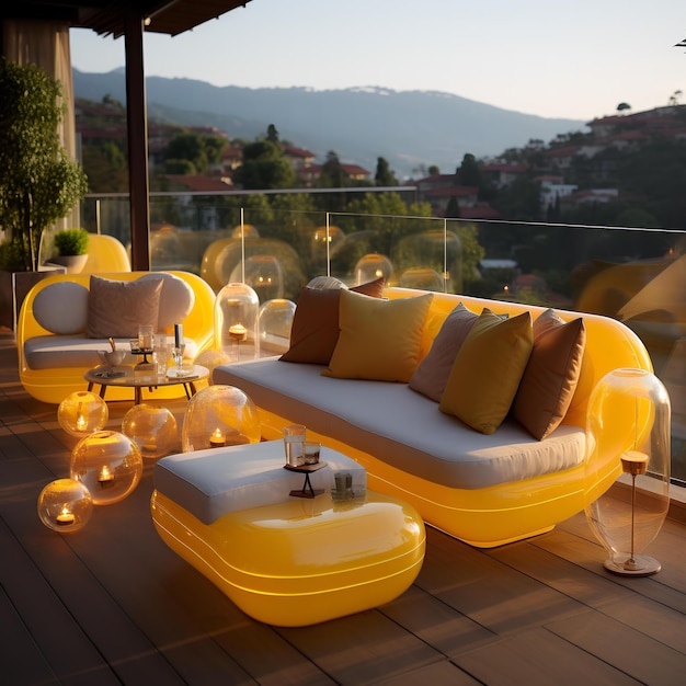 Neon inflatable furniture on a modern terrace natural light