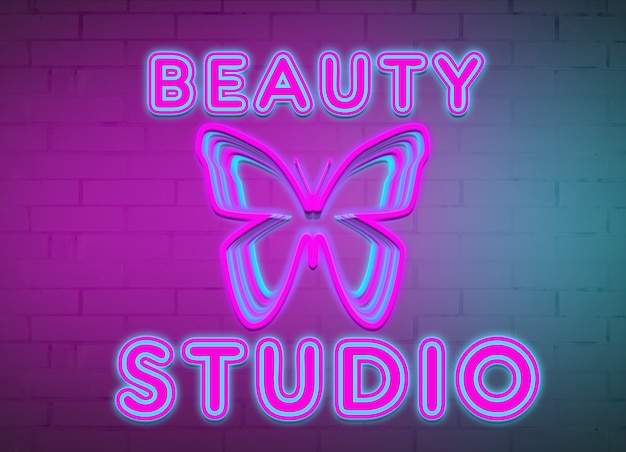 Photo neon inscription beauty salon and butterfly on the background of a brick wall.