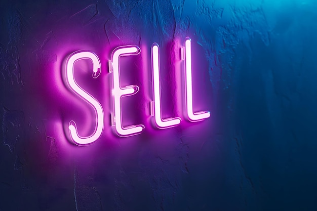 Neon inscription word sell on dark shabby wall