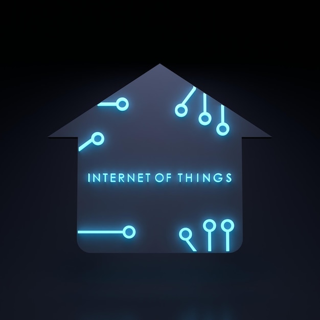 Неоновая интернет-вещь логотип символ концепции IoT 3d визуализация иллюстрации