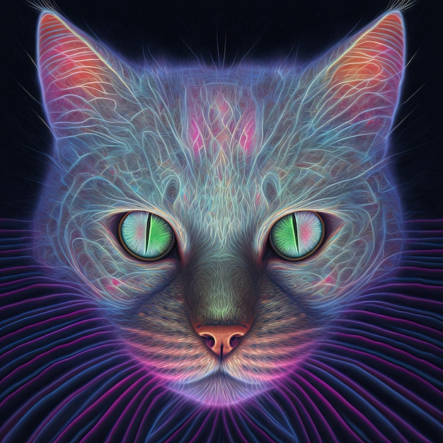 Neon iridescent psychedelic cat Generative AI Not based on any actual scene or pattern