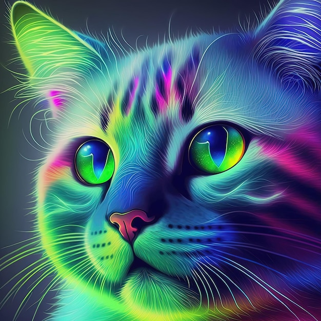 Neon iridescent psychedelic cat Generative AI Not based on any actual scene or pattern