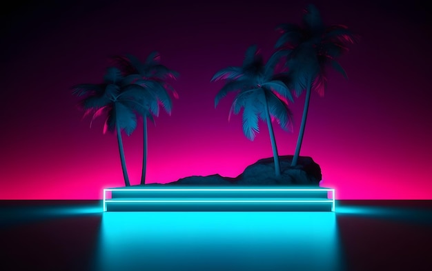 Photo a neon island with palm trees on it