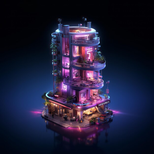 Photo neon isometric concept illustration of hotel