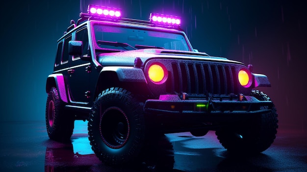 A neon jeep with the lights on