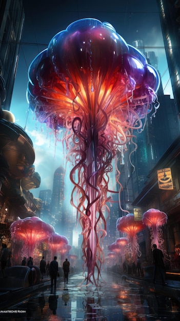 Neon jellyfish dance alien robot mushrooms charm cityscape Created with Generative AI