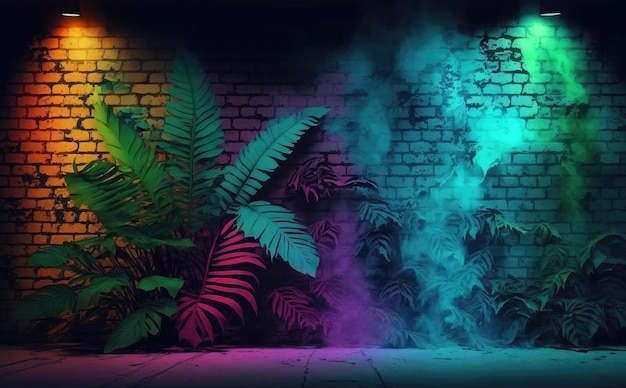 A neon jungle scene with a plant in the corner and a smokey green plant in the corner.