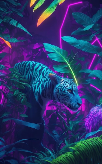 Neon Jungle Wallpaper with exotic plant and animals