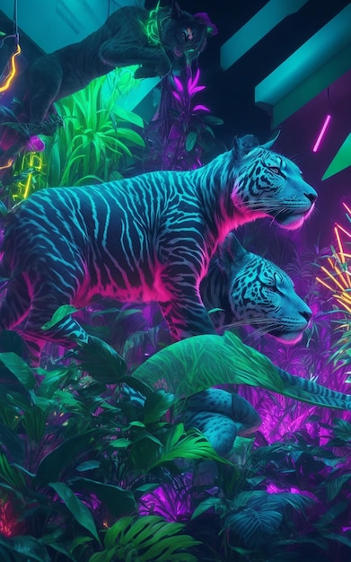 Foto neon jungle wallpaper con piante e animali esotici