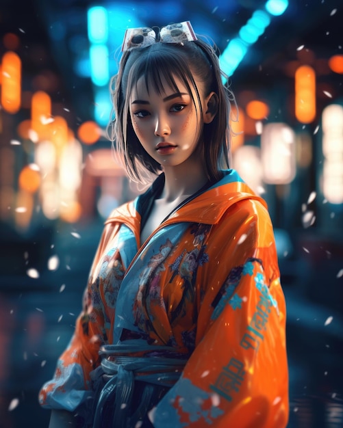 Photo neon kanji dreams mesmerizing japanese girl in vivid kimono illuminated in highcontrast orange and