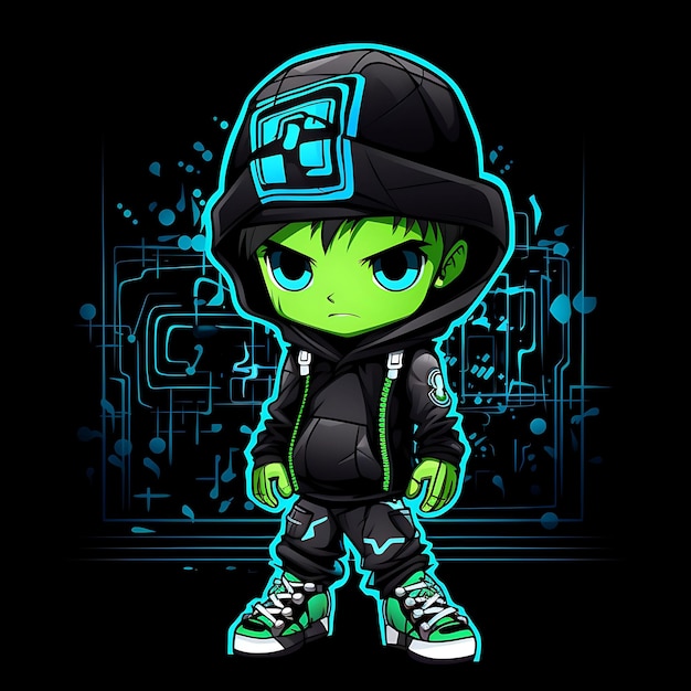 Neon karakter van coole Chibi jongen met ondergesneden kapsel en muts skateboard clipart sticker set