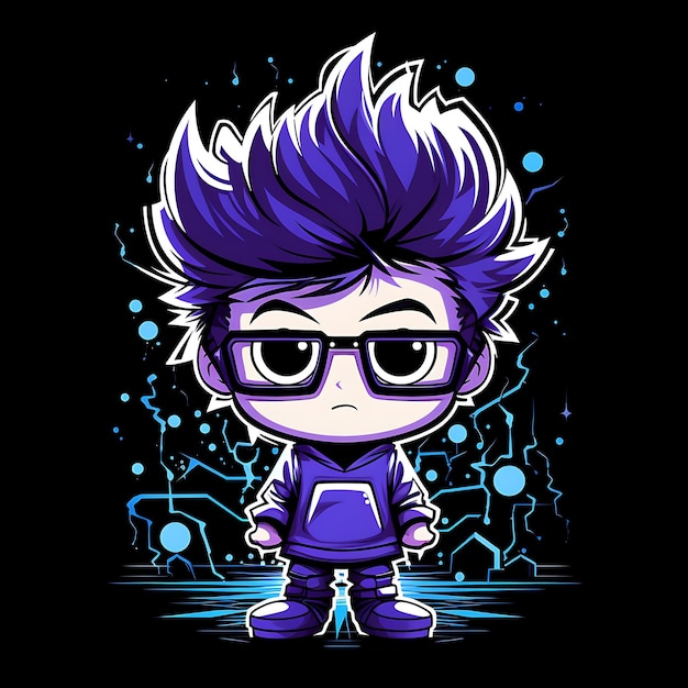 Neon karakter van eigenzinnige Chibi jongen met rommelig bedhoofd en bril Geeky T Shir clipart sticker set