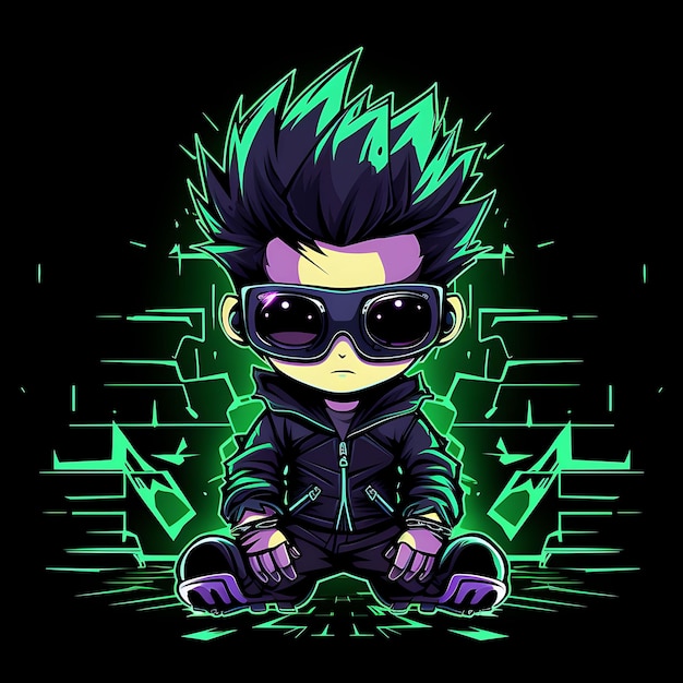 Neon karakter van speelse Chibi jongen met stekelig haar futuristische Cyberpunk Attir clipart sticker set