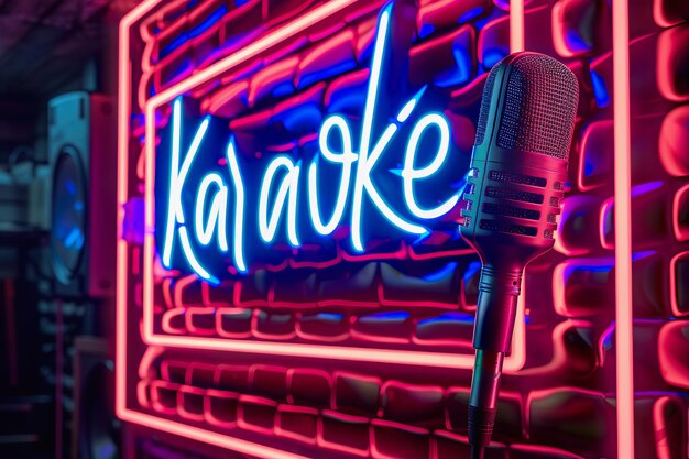 Photo neon karaoke sign with microphone with text karaoke music bar setting