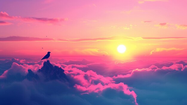 Foto neon kleur ai gegenereerde illustratie fantasie landschap magische zonsondergang en vogel vliegt in de lucht