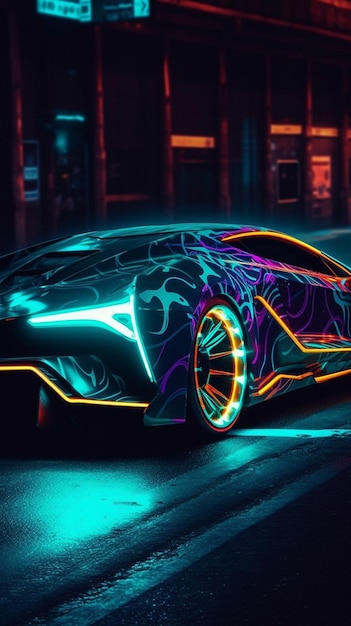 A neon lamborghini that is painted in neon colors.