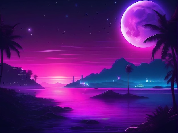 Neon Landscape of Ocean at Night with Valleys and Super Full Moon and Stars