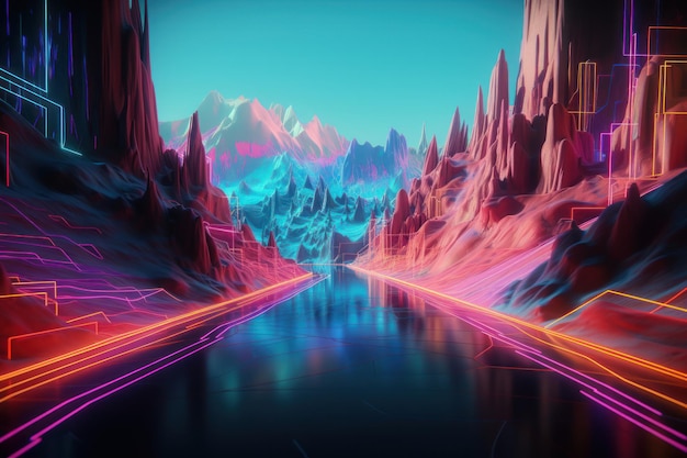 Photo a neon landscape with mountains and a road