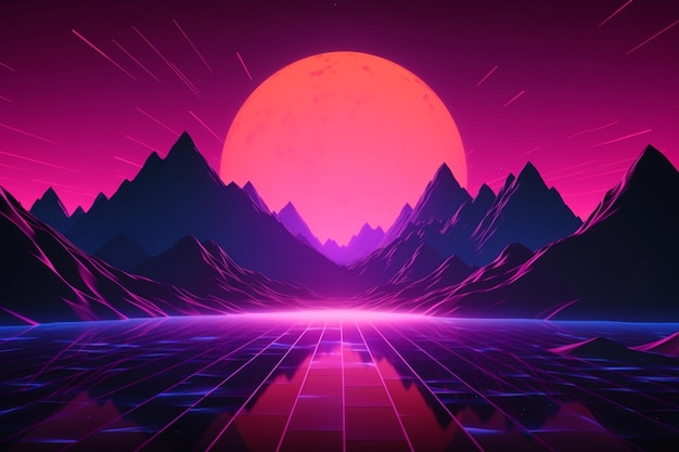 Photo a neon landscape with mountains and the sun