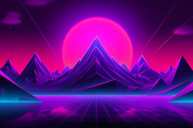 A neon landscape with mountains and a sun