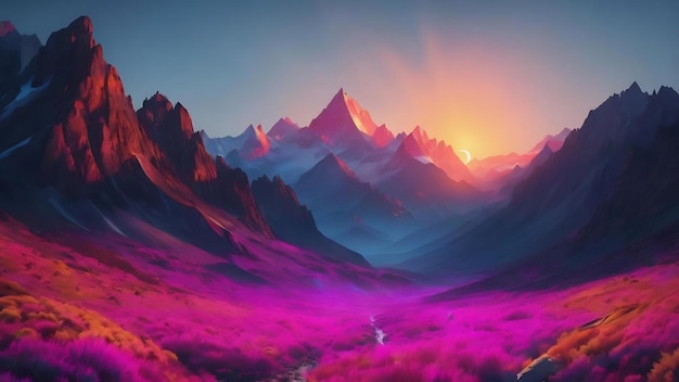 Premium AI Image | A neon landscape with mountains and the sun