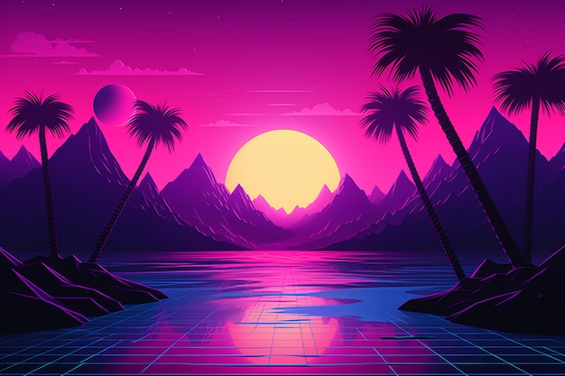 A neon landscape with palm trees and mountains.