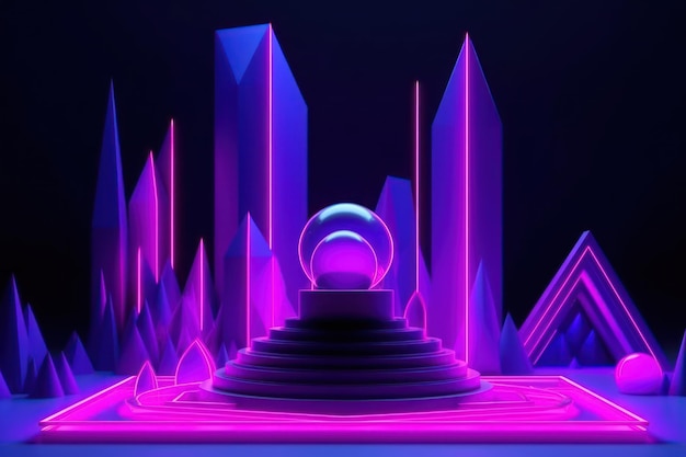 A neon landscape with a sphere in the middle of a city.