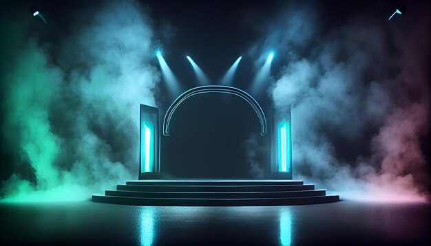 neon leeg podium met neonrook achterin met spotlicht Ai gegenereerd beeld