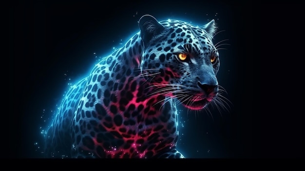 Foto leopardo al neon su uno sfondo scurogenerativo ai