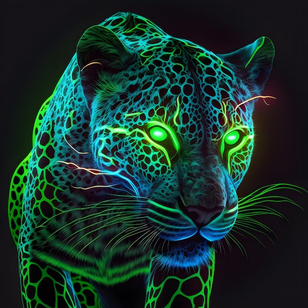Неоновый леопард с зелеными глазами на черном фоне.