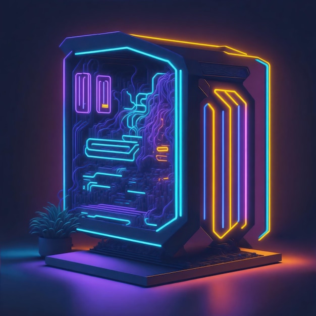 Neon licht cyberpunk pc case moederbord 3D isometrisch
