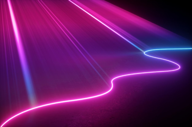 Neon light abstract background pink blue rays and wavy line