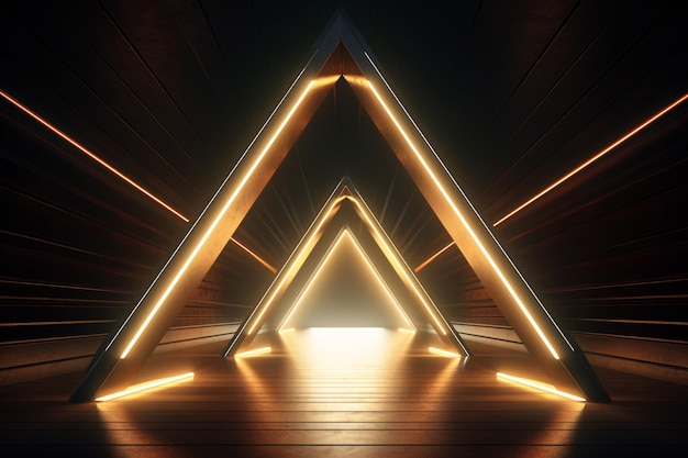 Neon light abstract background Triangle tunnel or corridor sepia colors neon glowing lights Laser