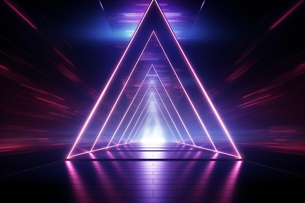 Neon light abstract background Triangle tunnel or corridor violet neon glowing lights Laser lines
