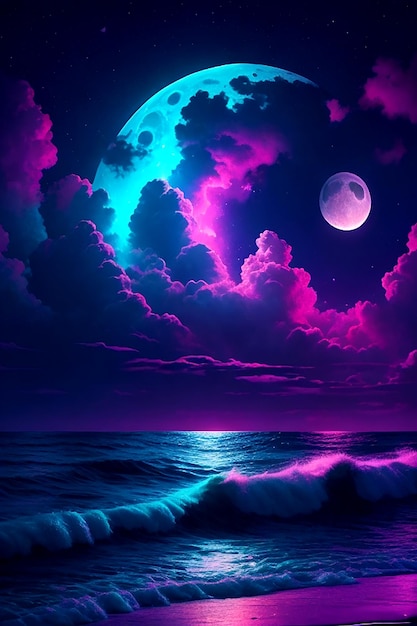 neon light art in the dark of night moonlit seas clouds moon stars colorful detailed 4k